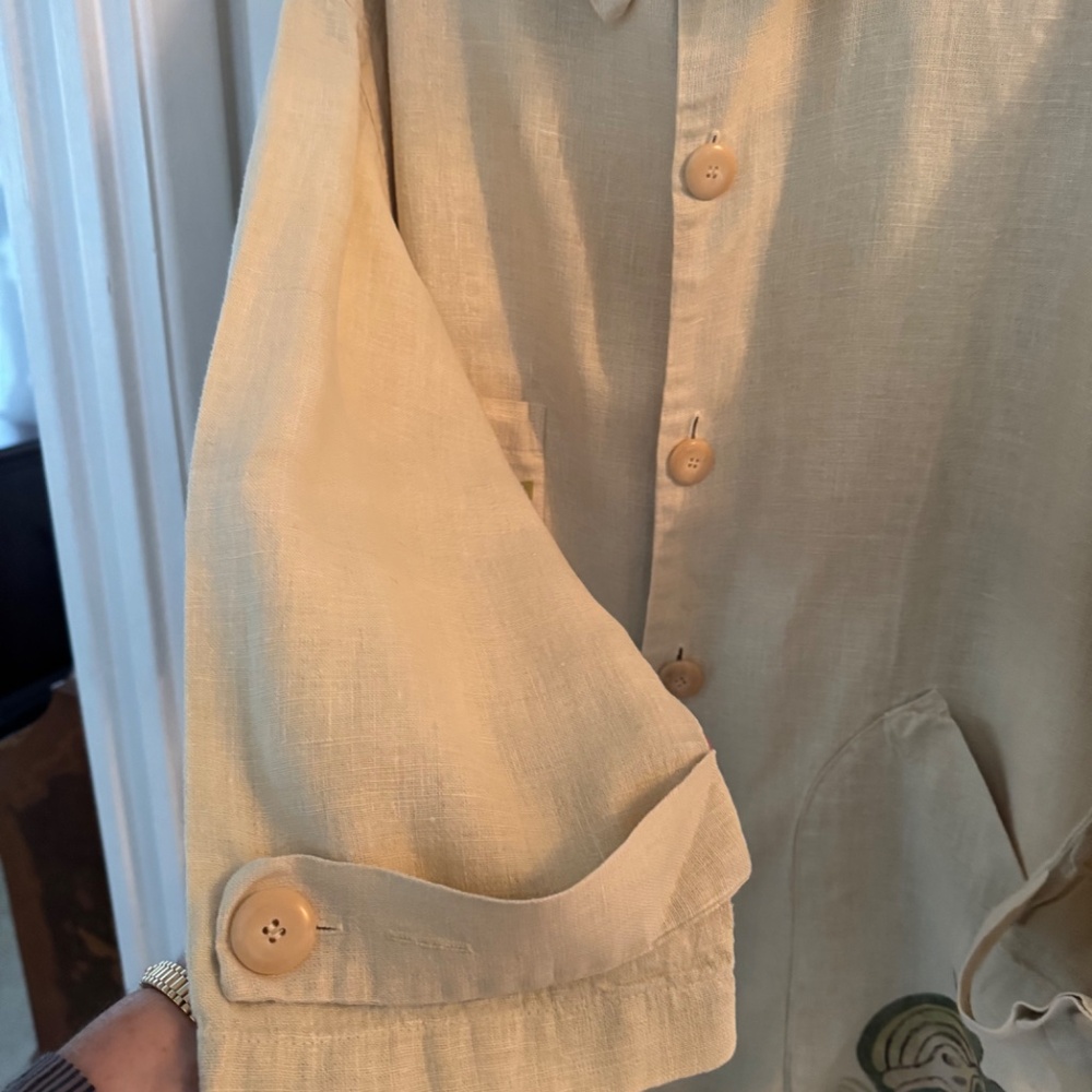 Blue Fish Hemp Linen Duster Jacket Dress Button Down Hand Paint Apples 1999 - Picture 11 of 16